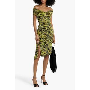 Diane Von Furtsenberg NWT Lovina Off the Shoulder Ruched Printed Mesh Dress S